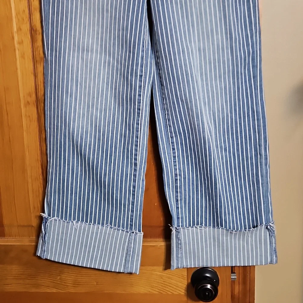 Aqua Striped Cuffed Dad Blue Striped High Waisted Denim Jeans - Picture 5 of 13